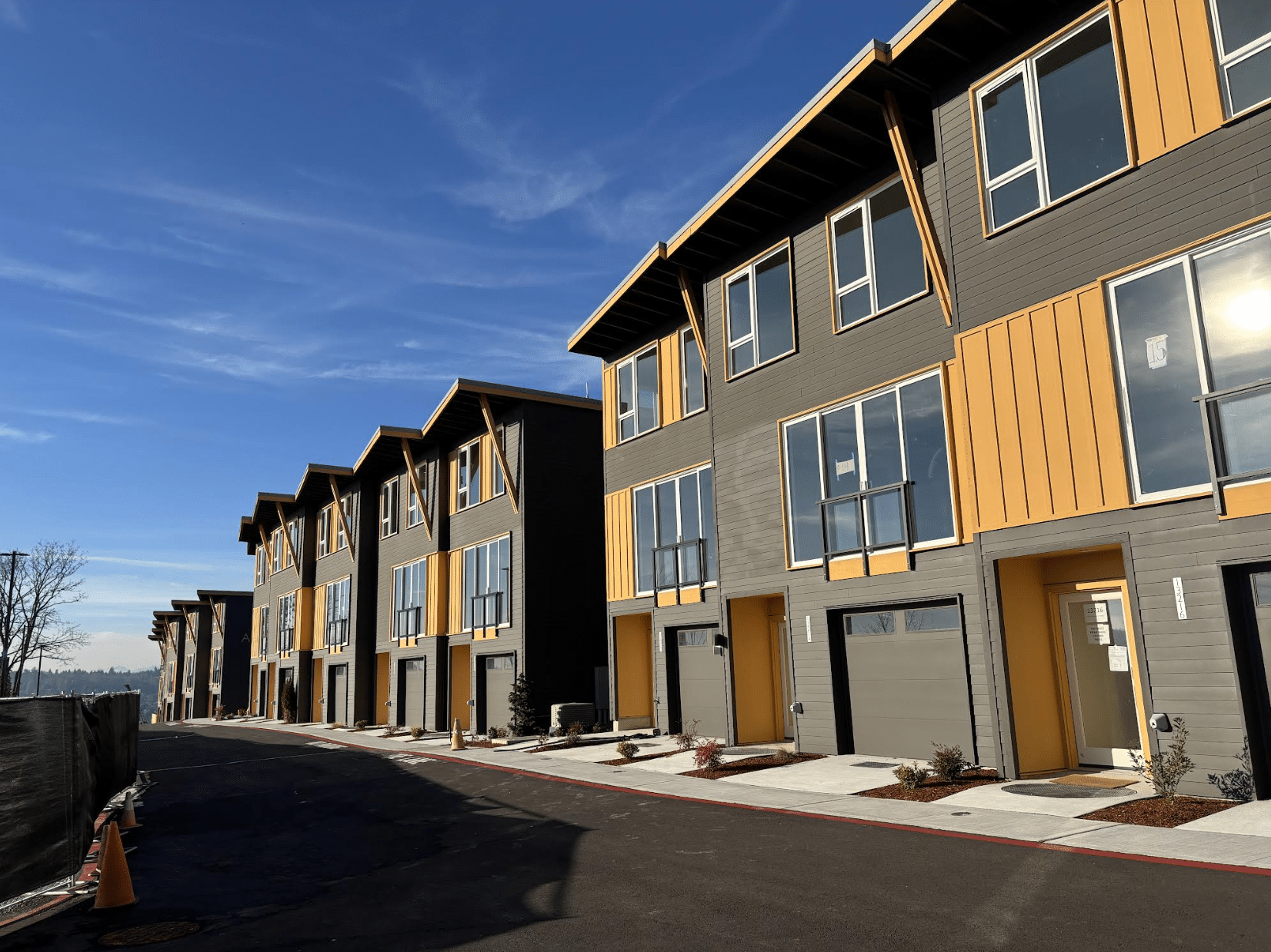 A row of houses with new garage doors installed by The Doorhouse.